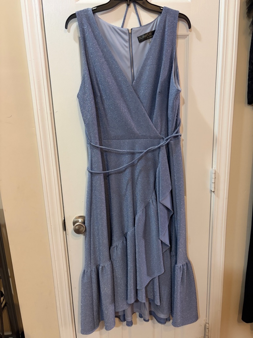 Glamour Light Blue Sparkle Ruffle Wrap Midi Dress